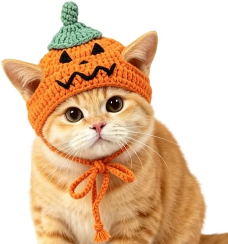 Pumpkin Cat Hat, Cotton & Soft Cute Knitted Hats for Cats Birthday Party Halloween Christmas Puppy Hat for Small Pets (Orange,M) by floofelove