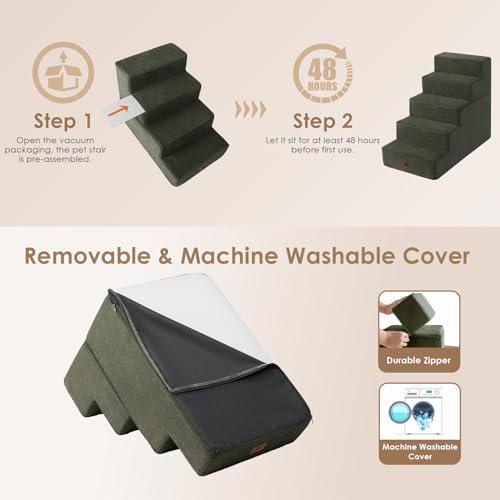 EHEYCIGA Dog Stairs for High Bed 25" H, Extra Wide Dog 5-Step, Military Green - Image 4