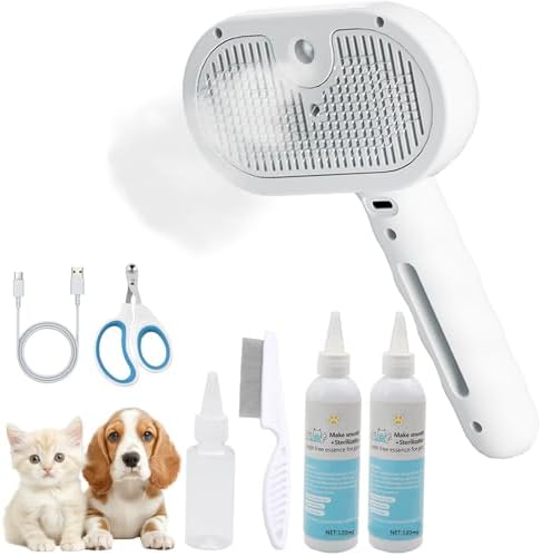 Pet Steam Brush for Shedding– 4-in-1 De-Shedding, Steam Spray, and Self-Cleaning Grooming Tool – Ideal for Long and Short-Haired Pets– Includes 2 Bottles of 120 mL Waterless Shampoo(White) by Unknown