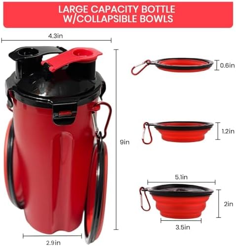Dog Travel Water Bottle W/Collapsible Bowls - Portable 2 in 1 Leakproof Pet Water Bottle Food Container Ideal for Travel, Outdoor Portable Water Bowls for Walking, Camping & Hiking - (Red) - Image 3