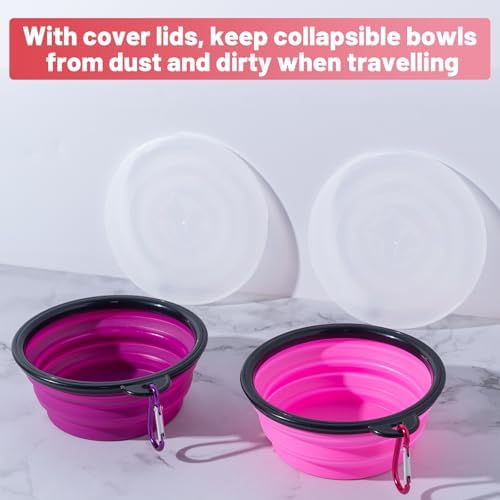 SLSON Dog Bowls Pet Collapsible Bowl with Cover Lids,2 Pack Dog Travel Bowls Portable Foldable Cat Water Dish Bowl for Pets Walking Parking Camping (Pink and Purple, Small) - Image 4