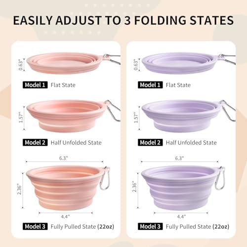 Collapsible Dog Bowls 2-Pack, Portable Travel Dog Bowl with Carabiner, Food-Grade Silicone Pet Bowl for Hiking, Walking (22 OZ Macaron Pink and Violet) - Image 6