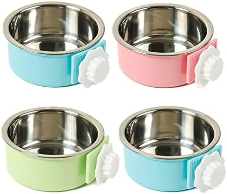 kathson Crate Dog Bowl, Removable Stainless Steel Hanging Pet Cage Bowl Food & Water Feeder Coop Cup for Cat, Puppy, Birds, Rats, Guinea Pigs 4pcs(2×Blue,1×Pink,1×Green) by kathson
