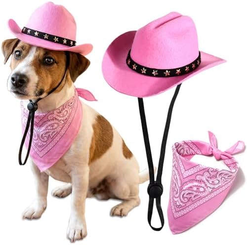 Pet Cowboy Costume, Dog Cowboy Hat with Bandana Scarf, Adjustable Cat Cowboy Hat for Party Cosplay Christmas, Halloween Cowboy Costumes for Small Pet Dogs Cats (Pink, Medium) by Unknown