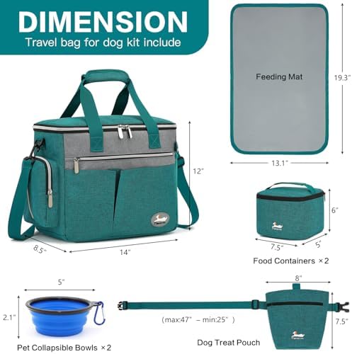 Dog Travel Bag for Pet Kit for Supplies with 2 Food Storage Containers 2 Collapsible Bowls 1 Feeding Mat 1 Dog Treat Pouch 7-Piece Set Perfect Road Trips Camping Weekend (Teal) - Image 6