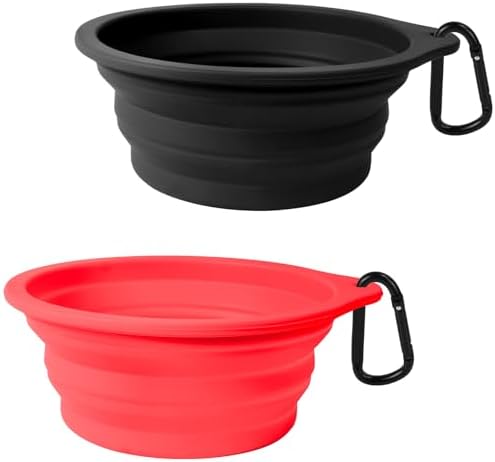 PetBonus 2-Pack Large Silicone Collapsible Dog Bowls, 34oz/1000ml BPA Free Portable Foldable Travel Bowl for Pet Cat, Food Water Feeding Dish for Camping with 2 Carabiners (Black, Red) by Petbonus