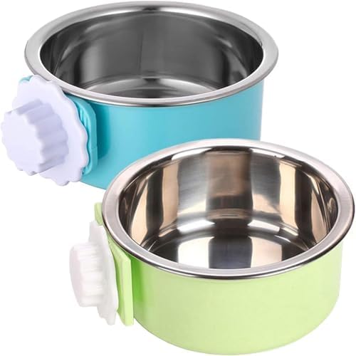 kathson Crate Dog Bowl, Removable Stainless Steel Hanging Pet Kennel Cage Bowl Food & Water Feeder Coop Cup for Puppy, Cat, Rabbit, Guinea Pigs Ferret Bird (2 PCS, Size: M, Blue and Green) by kathson