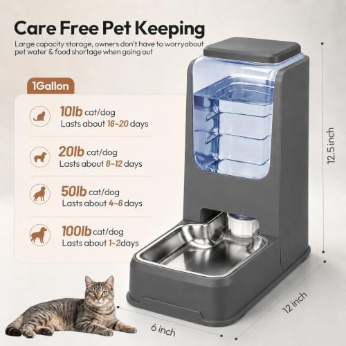 Automatic Cat Feeder and Water Dispenser Set with Stainless Steel Bowls, Gravity Dog Food and Waterer Large Capacity Pet Feeder for Small Medium Kitty Puppy, Gray - Image 3