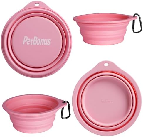 PetBonus 2-Pack Silicone Collapsible Dog Bowls, BPA Free Dishwasher Safe, Portable Foldable Expandable Travel Bowl, Food Water Feeding Cup Dish for Dogs Cats with 2 Carabiners (Purple, Pink) - Image 2