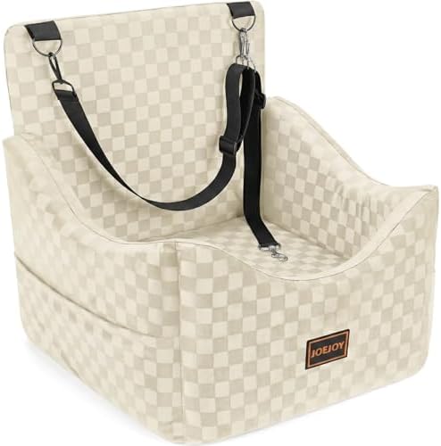 JOEJOY Elevated Dog Car Seat for Small/Medium Dogs up to 35 lbs, Memory Foam Booster Seat with Detachable Washable Cover, Travel-Safe Car Bed with Safety Belts & Storage Pockets, Beige by JOEJOY