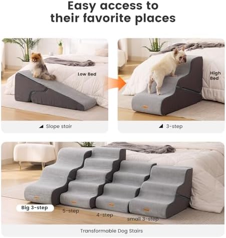 Gardner Pet Dog Stairs for Small Dogs 22.4" H, Large 2 in 1 Transformable 3-Step Pet Stairs and ramp, Dog Steps for High Bed (22-27") with Non-Slip Waterproof Cover CertiPUR-US Certified Foam, Grey - Image 6