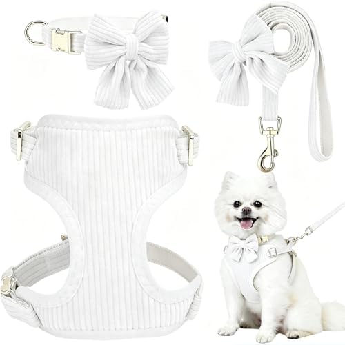 Small Dog Collar Harness and Leash Set with Bowtie, Adjustable Dog Harness Collar and Leash Set with Secure Metal Buckle, Breathable Cotton Adjustable Pet Puppy Harness, Easy Walk Harness, M(16-21") by Unknown