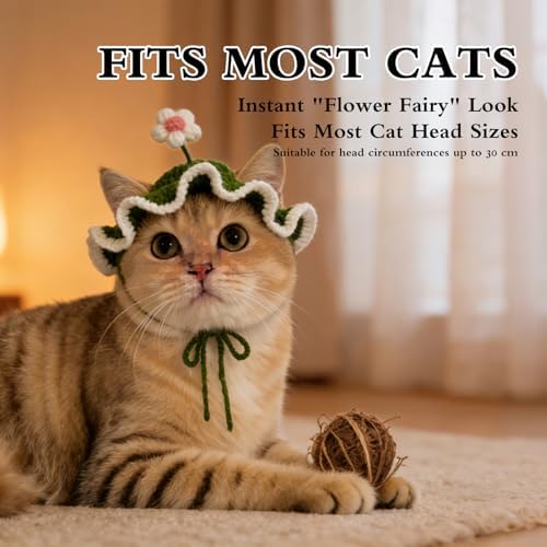 Flower Cat Hat, Cotton & Soft Cute Knitted Hats for Cats Birthday Party Spring Christmas Puppy Hat for Small Pets (Green,M) - Image 3
