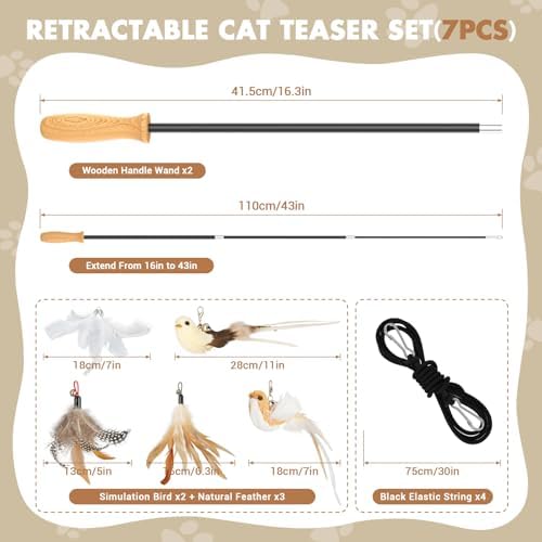 ROSAUI Cat Teaser Wand Toys, Interactive Bird Toys for Indoor Kittens, 42.15’’ Long Cat Fishing Pole Toys, 2Pcs Wires and 5Pcs Natural Refills, Sustainable Wooden Handles, Exercising, Playing - Image 2