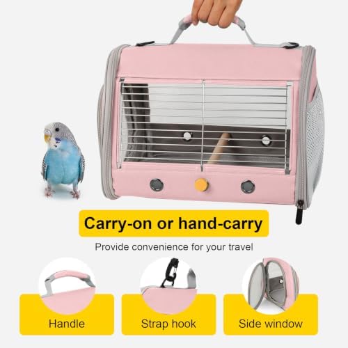 Small Bird Travel Carrier, Wire Grid Window Bird Bag to Carry Cockatiel Parakeet Budgies with Standing Perch (Pink, Cylinder Design - Steel Window) - Image 4