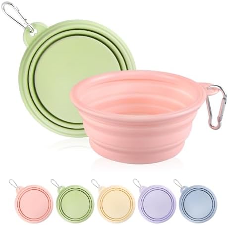 Collapsible Dog Bowls 2-Pack, Portable Travel Dog Bowl with Carabiner, Food-Grade Silicone Pet Bowl for Hiking, Walking (Macaron Pink and Green) by TECOPH
