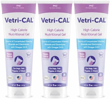 High Calorie Nutritional Gel for Dogs & Cats – Appetite Booster with Omega 3-6-9, Vitamins A-D-E-B – Recovery & Energy Support – Tasty Malt Flavor – 5 oz Tube (3-Pack) by Vetri-CAL