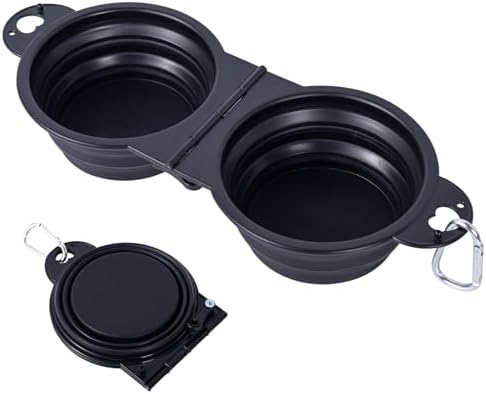 SLSON Collapsible Dog Dual Bowls Reinforced Rim 180 Degrees Flip Over Foldable Double Bowl with Lock Clips More Stable Dog Travel Bowls Pet Food Water Feeder (Black) by SLSON