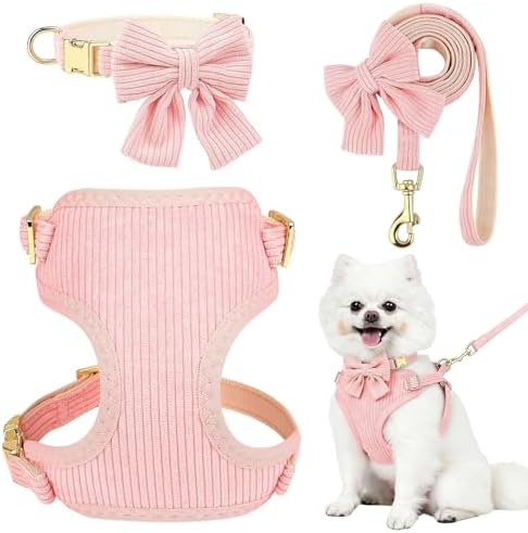 Small Dog Collar Harness and Leash Set, Dog Harness no Pull with Bowtie, Breathable Cotton Adjustable Pet Puppy Harness, Easy Walk Dog Harness, S(14–18.9") by Unknown