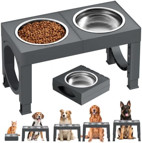 XIAZ Elevated Dog Bowls Large Breed Raised Dogs Bowl Stand Large/Medium Sized Dog Stainless Steel Food Water Bowl Stands 5 Heights Adjustable 9/11/12/14in Pet Feeder Dish Station by XiaZPet