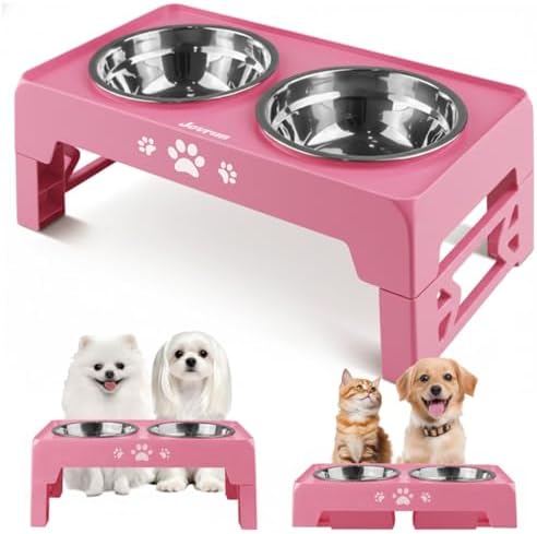 Jovrun Elevated Dog Bowls for Small Dogs and Cats, Non-Slip Cat Bowls with 2 Thick 5.5" Stainless Steel Dishes, Dog Feeder 2 Heights Adjustable to 2.6"-5.3" by Jovrun