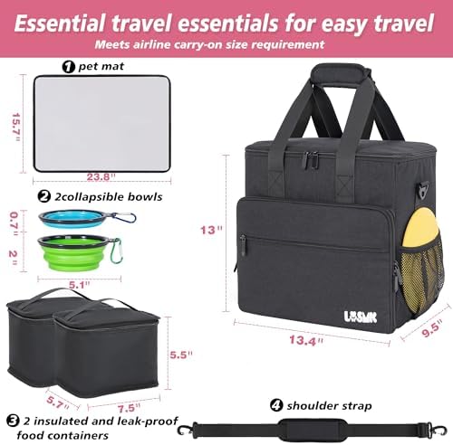 5 Set Dog Travel Bag for Supplies, Dog Lovers, Large Pet Travel Kit Includes 2 Food Containers&2 Collapsible Bowls、Placemats,Black - Image 3