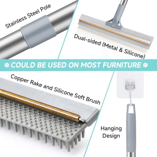 Carpet Rake for Pet Hair Removal Tool,Reusable Pet Hair Remover Broom Grey - Image 4