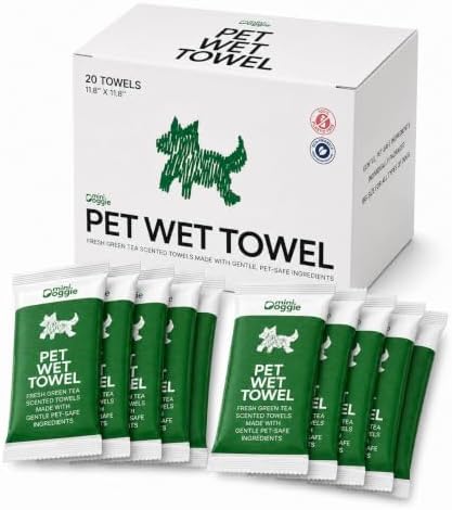 Pet Wet Towel for Small Dogs — Individually Wrapped 11.8" Square Bath Wipes, No-Rinse, Fresh Green Tea Scent, Travel-Ready (10 Count) by miniDoggie