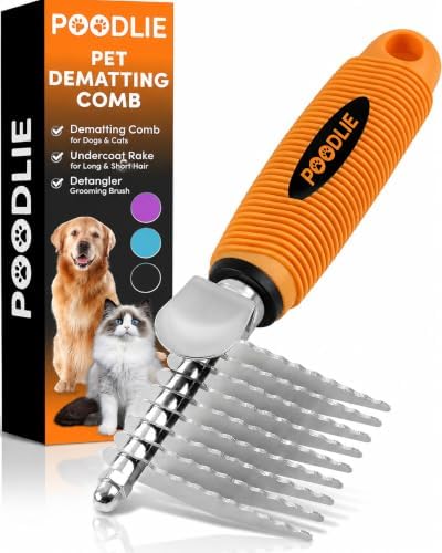Poodle Dematting Fur Rake Comb Brush for Dogs and Cats - Long 2.5" Steel Safety Blades Metal Comb for Detangling Matted or Knotted Undercoat Hair (Orange) by Poodlie