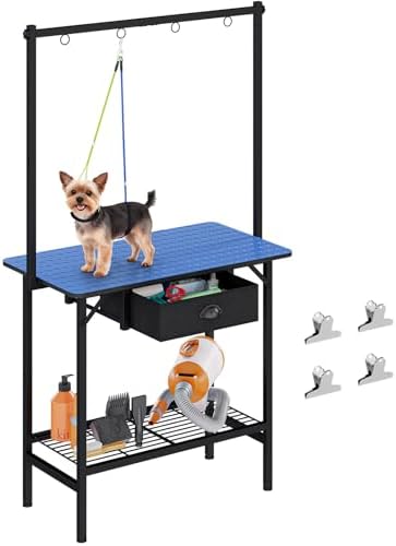 32-Inch Dog Grooming Table with Drawer & Mesh Tray,Adjustable Pet Grooming Table with Non-Slip Removable Washable Mat & EVA Protective Lanyard, Professional Grooming Table for Small Dog at Home（Blue） by Cutogxon