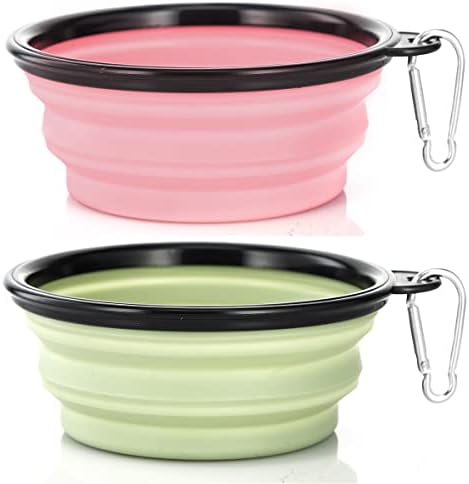 Dog Bowl Pet Collapsible Bowls, 2 Pack Collapsible Dog Water Bowls for Cats Dogs, Portable Pet Feeding Watering Dish for Walking Parking Traveling with 2 Carabiners (Small, Fairy Pink+Sprout Green) by SLSON