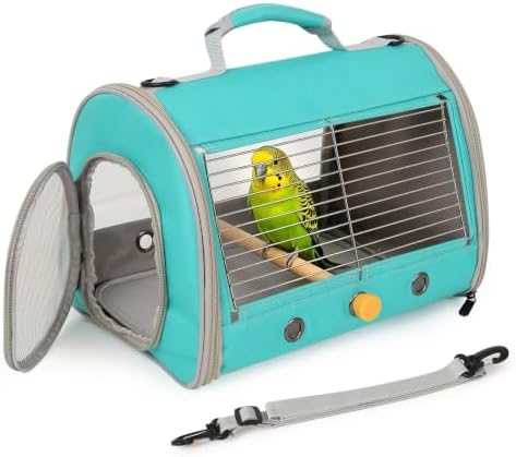 Small Bird Travel Carrier, Wire Grid Window Bird Bag to Carry Cockatiel Parakeet Budgies with Standing Perch (Green, Cylinder Design - Steel Window) by halinfer