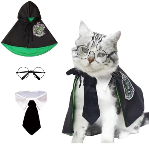 ANIAC 3PCS Halloween Dog Costume Cat Wizard Cape Glasses and Necktie Set Halloween Puppy Outfit Pet Academy Magician Cosplay Apparel for Kitten Cat Small Dogs (Black+Green, Medium) by ANIAC