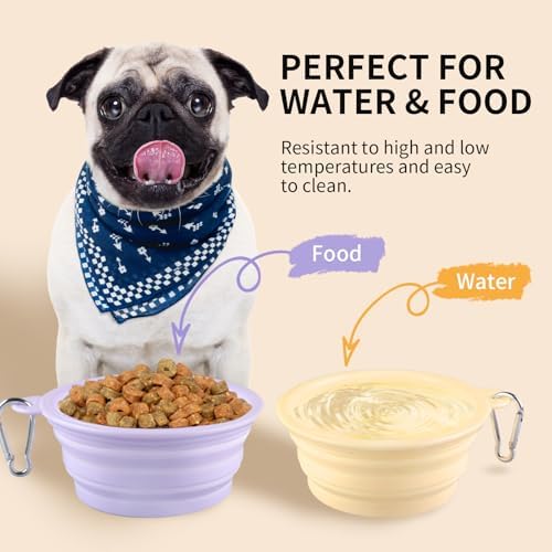 Collapsible Dog Bowls 2-Pack, Portable Travel Dog Bowl with Carabiner, Food-Grade Silicone Pet Bowl for Hiking, Walking (Macaron Yellow and Violet) - Image 3
