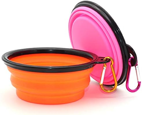 SLSON Collapsible Dog Bowls, 2 Pack, Portable Pet Feeding Watering Dish for Traveling with Carabiners (Small, Orange+Pink) by SLSON