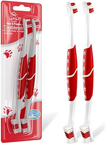 Pet Toothbrush for Dogs, Cats with Soft Bristles - Easy Teeth Cleaning & Dental Care, Non Slip Dual Head Dog Toothbrush for Medium & Large Pets, Toothpaste Not Included, Pack of 2 Red by PetsPupps
