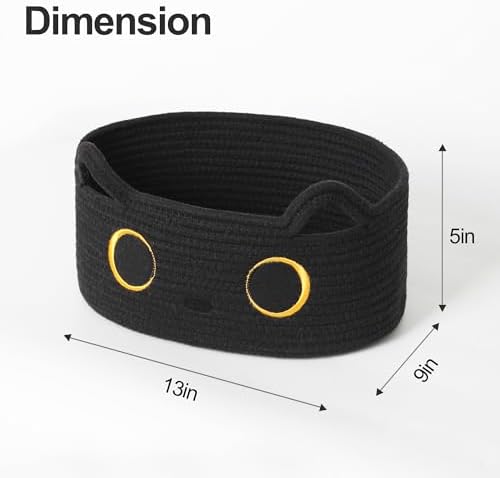 Cute Cat Toy Basket, Small Cotton Rope Toy Bin Box for Cats, Woven Organizer with Embroidered Face, Decorative Storage for Shelf, Desktop, Indoor Pet Bed, Halloween Basket Decor, Black - Image 3