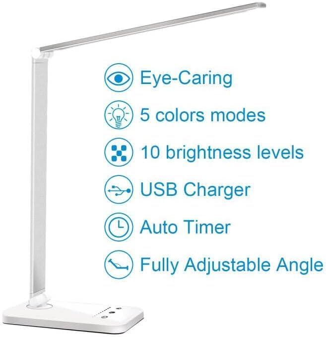 White crown LED Desk Lamp Dimmable Table Lamp Reading Lamp with USB Charging Port, 5 Lighting Modes, Sensitive Control, 30/60 Minutes Timer (White, First-Generation) - Image 10