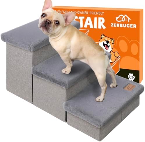 Zerbuger Dog Stairs with Storage, Grey Furry Lids 3 Steps Dog Ramp no Condo by Zerbuger
