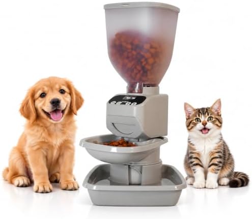 Feeding Friend® Automatic Dog & Cat Food Feeder with Water Dispenser, Portion Control, OLED Display, Anti-Jam Design, Battery Operated, for Pets 4–15 lb, Taupe by FeedingFriend