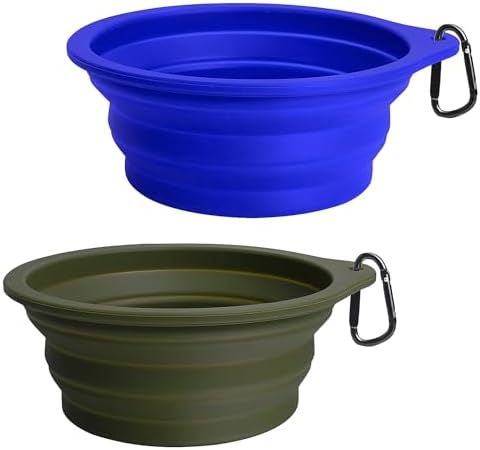 PetBonus 2-Pack Silicone Collapsible Dog Bowls, BPA Free Dishwasher Safe, Portable Foldable Expandable Travel Bowl, Food Water Feeding Cup Dish for Dogs Cats with 2 Carabiners (Army Green, Blue) by Petbonus