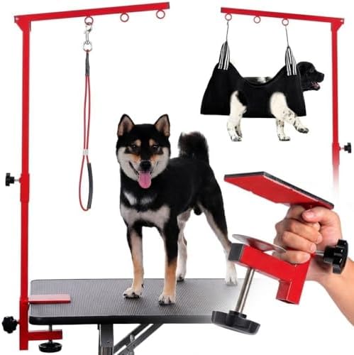 Dog Grooming Table Arm with Hammock - Adjustable Height, Pet Grooming Hammock, No Sit Haunch Holders, Loop Noose Heavy-Duty Clamp (Red) by Phenfor
