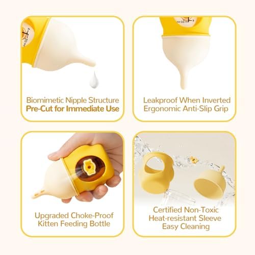 Ergonomic Pet Nursing Bottle,Puppy Bottles for Nursing Puppy Milk - 20ml Slow Flow Kitten Bottle Feeding kit for Newborn Kittens/Puppies/Small Animals, Easy-Clean Silicone Feeder (‌Yellow‌) - Image 3