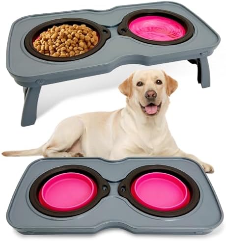 PINVNBY Elevated Dog Bowls Portable Raised Dog Bowl Stand with 2 Collapsible Silicone Food Bowl Non-Slip Travel Bowls for Medium Dogs and Cats (16.9" L x 7.9" W x 5.1" H) by PINVNBY