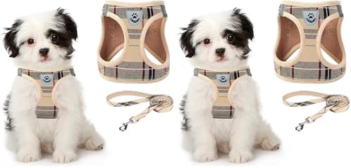 KOOLTAIL Dog Harness for Small Medium Dogs,Dog Harness and Leash Set, Step in No Pull Soft Mesh Padded Adjustable and Reflective Pet Vest Harness Puppy, Plaid Extra Harness for XS S Dogs, Beige S by KOOLTAIL
