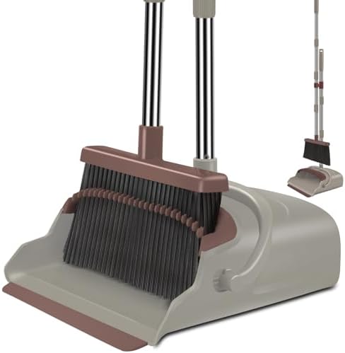 Upgrade Broom and Dustpan Set, Self-Cleaning with Dustpan Teeth, Ideal for Dog Cat Pets Home Use, Super Long Handle Upright Stand Up Broom and Dustpan Set (Brown) by Kelamayi