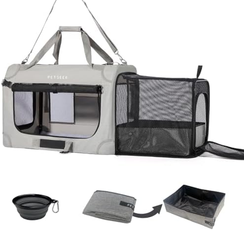 Extra Large Expandable Cat Carrier Soft Sided for Car, Portable Small Dog Carrier for 2 Cats, 24"x16.5"x16" Road Travel Folding Comfortable Design with Litter Box and Bowl by Petseek