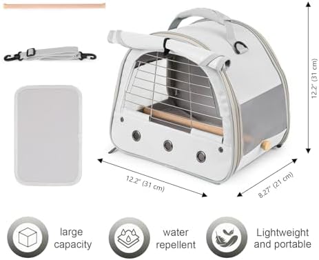 Bird Travel Carrier Cage, with Stainless Steel Metal Window and Wood Perch, Portable Bag for Cockatiel Parakeet Conure Green Cheek Budgie (Grey, Steel Window) - Image 2