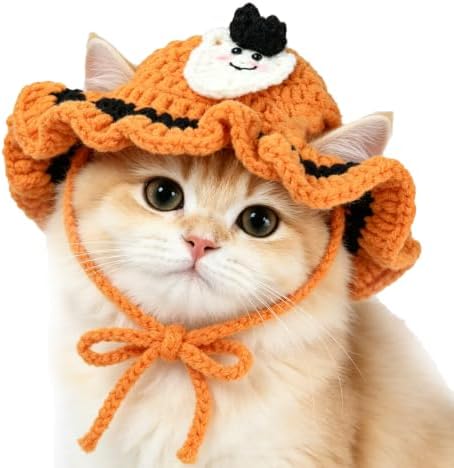 Ghost Cat Hat, Cotton & Soft Cute Knitted Hats for Cats Birthday Party Halloween Christmas Spring Puppy Hat for Small Pets (Orange,M) by floofelove