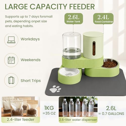 Gravity Cat Feeder 2 Pack Automatic Food Feeder Stainless Steel Water Dispenser Set 360° Rotatable Pet Bowls with Silicone Mat and Brush for Cats Small Medium Dogs, Large Capacity(Green) - Image 4